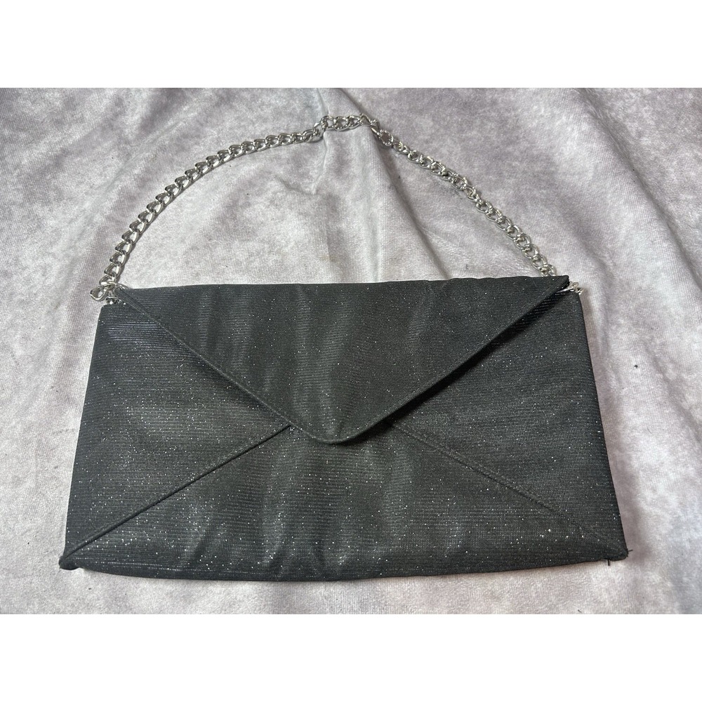 Kenneth Cole Reaction Black Shimmer Satin Envelope Clutch Chain Evening Purse